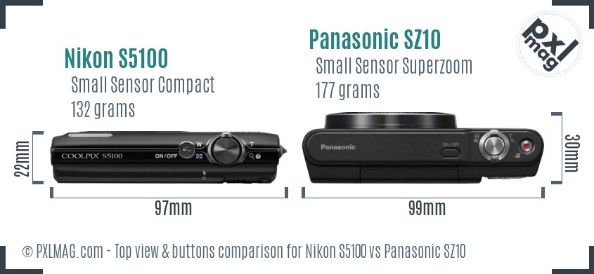 Nikon S5100 vs Panasonic SZ10 top view buttons comparison