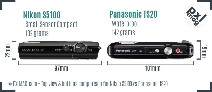 Nikon S5100 vs Panasonic TS20 top view buttons comparison