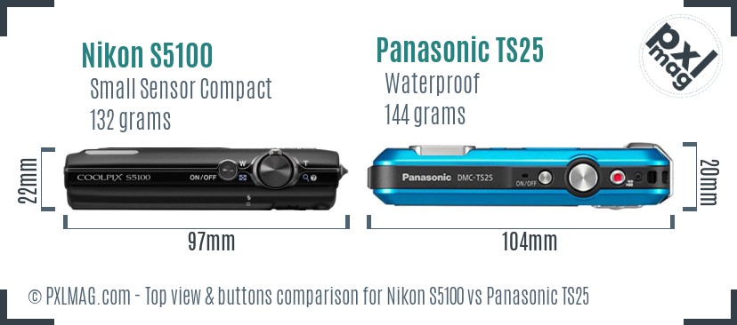 Nikon S5100 vs Panasonic TS25 top view buttons comparison