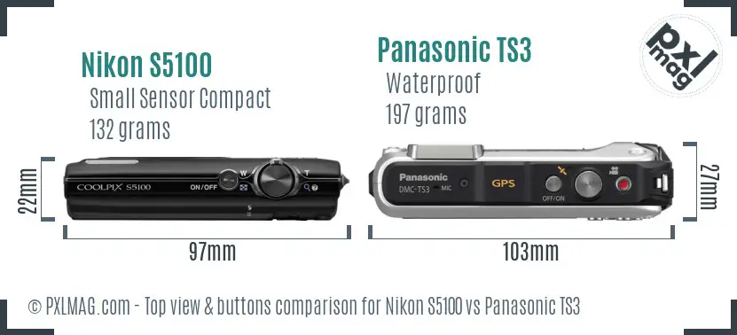 Nikon S5100 vs Panasonic TS3 top view buttons comparison Nikon S5100 vs Panasonic TS3 top view buttons comparison