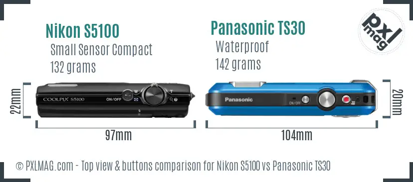 Nikon S5100 vs Panasonic TS30 top view buttons comparison