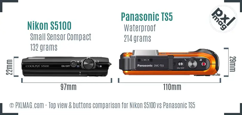Nikon S5100 vs Panasonic TS5 top view buttons comparison
