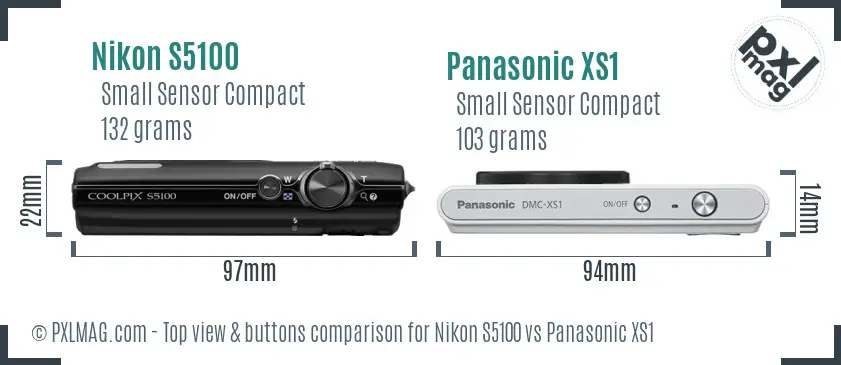 Nikon S5100 vs Panasonic XS1 top view buttons comparison Nikon S5100 vs Panasonic XS1 top view buttons comparison