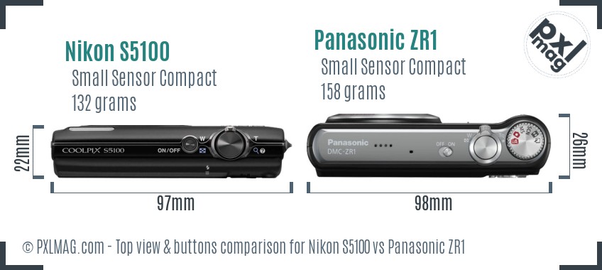 Nikon S5100 vs Panasonic ZR1 top view buttons comparison