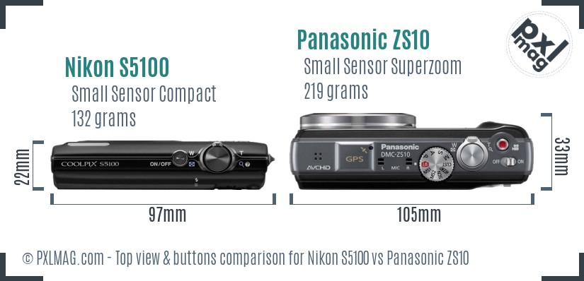 Nikon S5100 vs Panasonic ZS10 top view buttons comparison