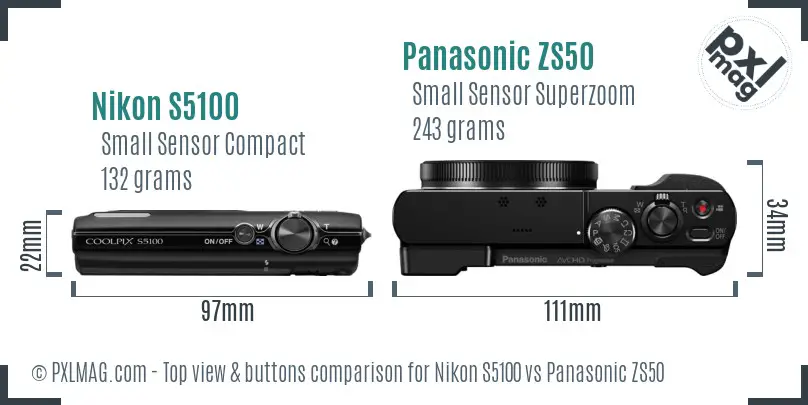 Nikon S5100 vs Panasonic ZS50 top view buttons comparison