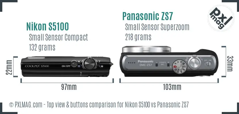 Nikon S5100 vs Panasonic ZS7 top view buttons comparison