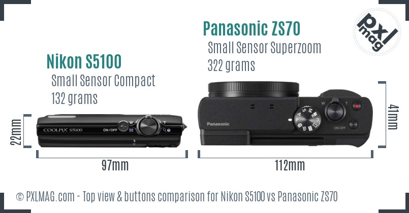 Nikon S5100 vs Panasonic ZS70 top view buttons comparison