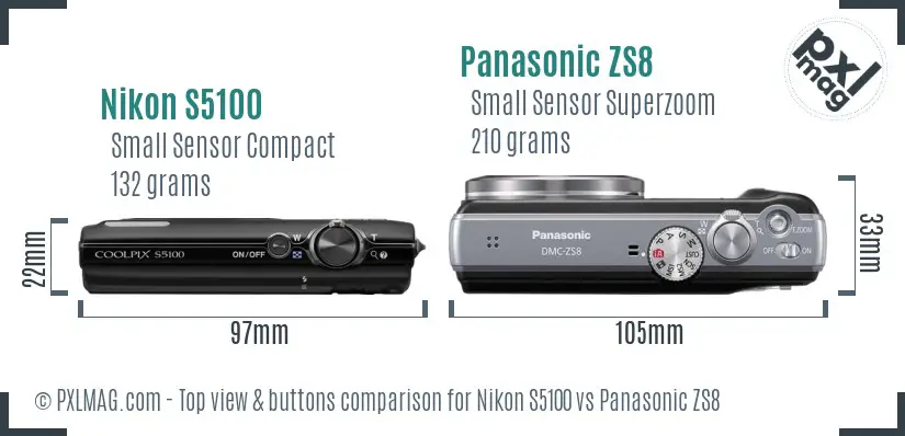 Nikon S5100 vs Panasonic ZS8 top view buttons comparison Nikon S5100 vs Panasonic ZS8 top view buttons comparison