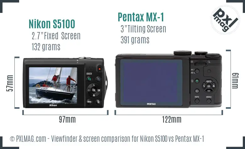 Nikon S5100 vs Pentax MX-1 Screen and Viewfinder comparison