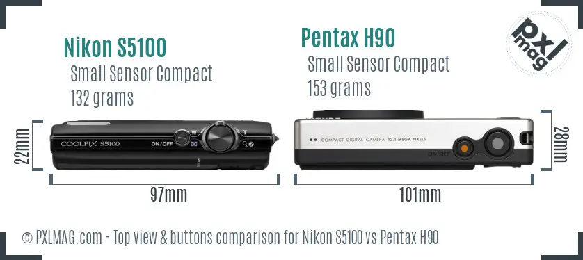 Nikon S5100 vs Pentax H90 top view buttons comparison