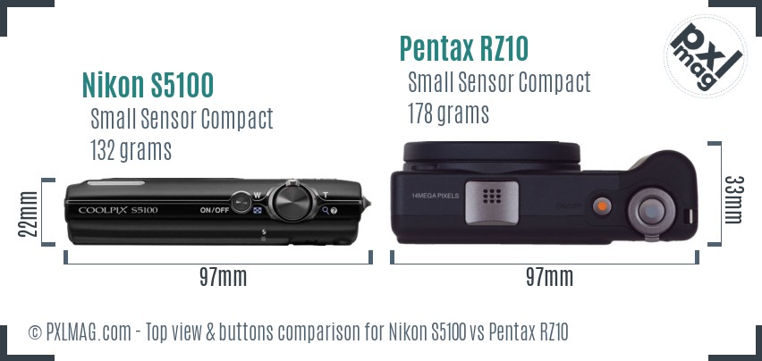 Nikon S5100 vs Pentax RZ10 top view buttons comparison