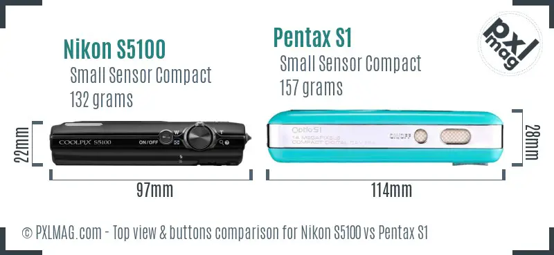 Nikon S5100 vs Pentax S1 top view buttons comparison