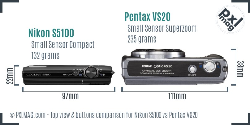 Nikon S5100 vs Pentax VS20 top view buttons comparison