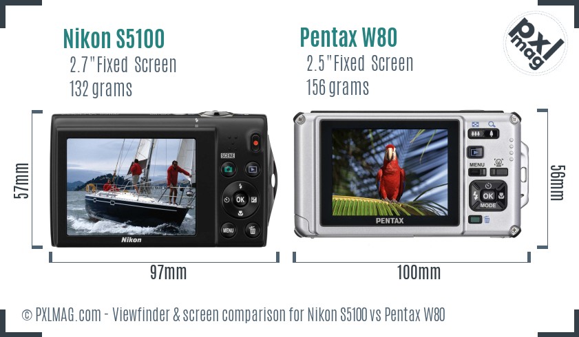 Nikon S5100 vs Pentax W80 Screen and Viewfinder comparison