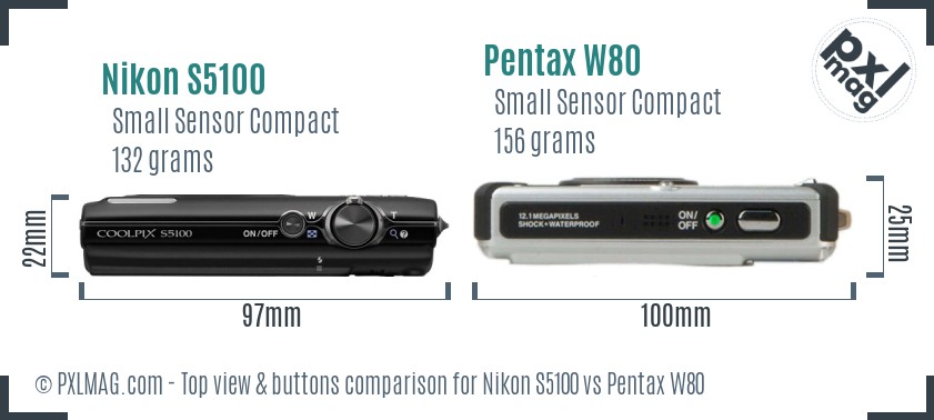 Nikon S5100 vs Pentax W80 top view buttons comparison