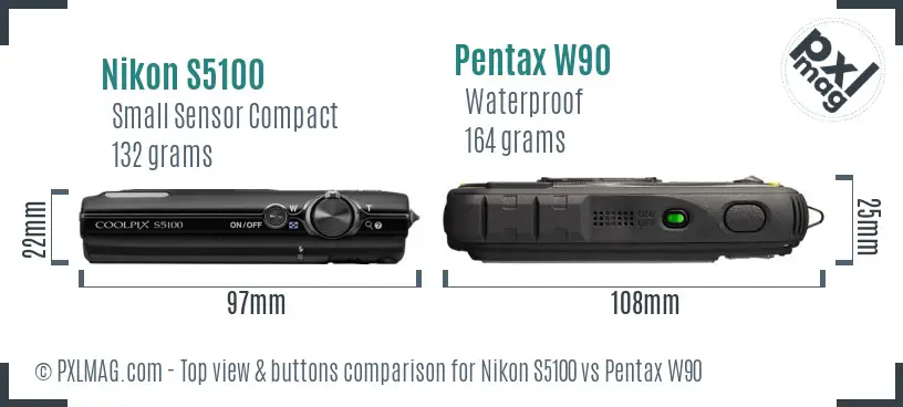 Nikon S5100 vs Pentax W90 top view buttons comparison