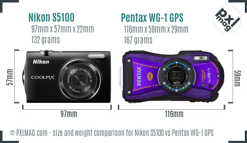 Nikon S5100 vs Pentax WG-1 GPS size comparison Nikon S5100 vs Pentax WG-1 GPS size comparison