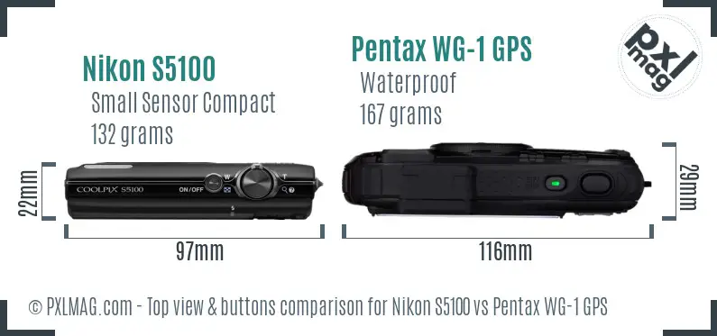 Nikon S5100 vs Pentax WG-1 GPS top view buttons comparison Nikon S5100 vs Pentax WG-1 GPS top view buttons comparison