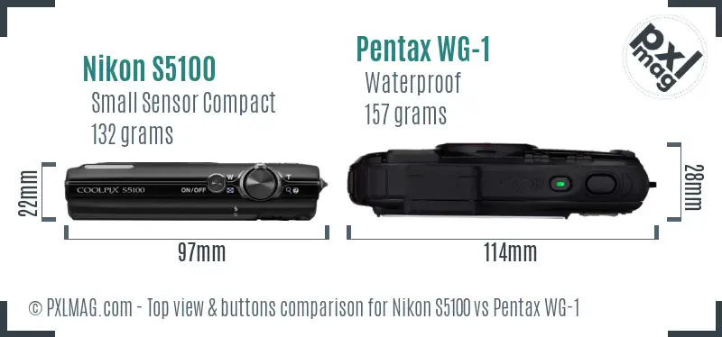 Nikon S5100 vs Pentax WG-1 top view buttons comparison