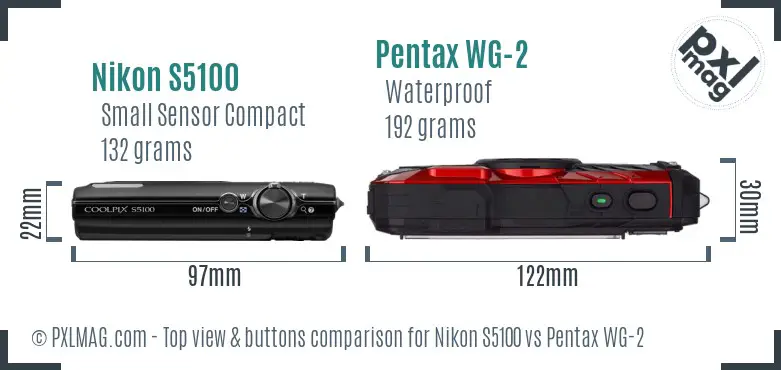 Nikon S5100 vs Pentax WG-2 top view buttons comparison