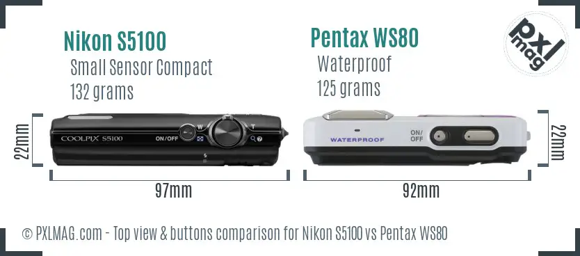 Nikon S5100 vs Pentax WS80 top view buttons comparison Nikon S5100 vs Pentax WS80 top view buttons comparison