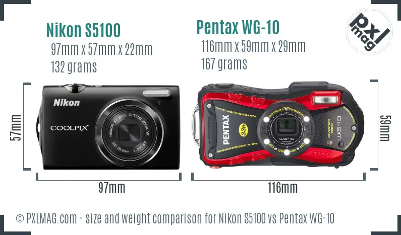 Nikon S5100 vs Pentax WG-10 size comparison