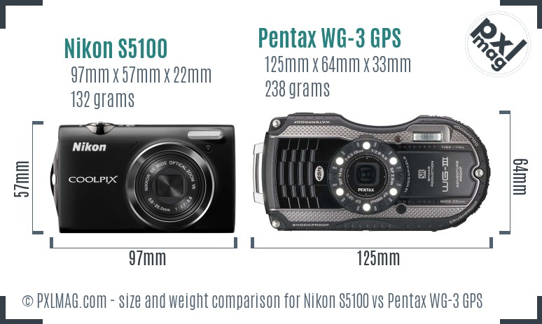 Nikon S5100 vs Pentax WG-3 GPS size comparison