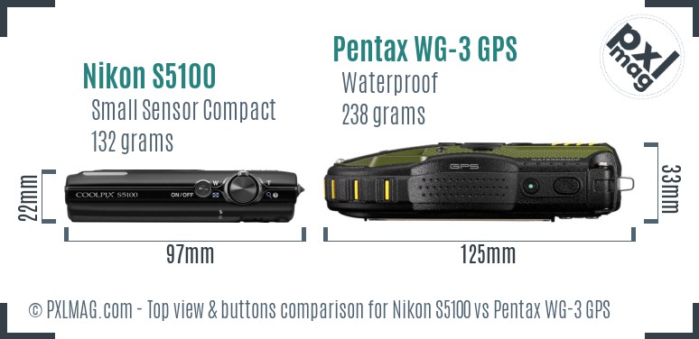 Nikon S5100 vs Pentax WG-3 GPS top view buttons comparison