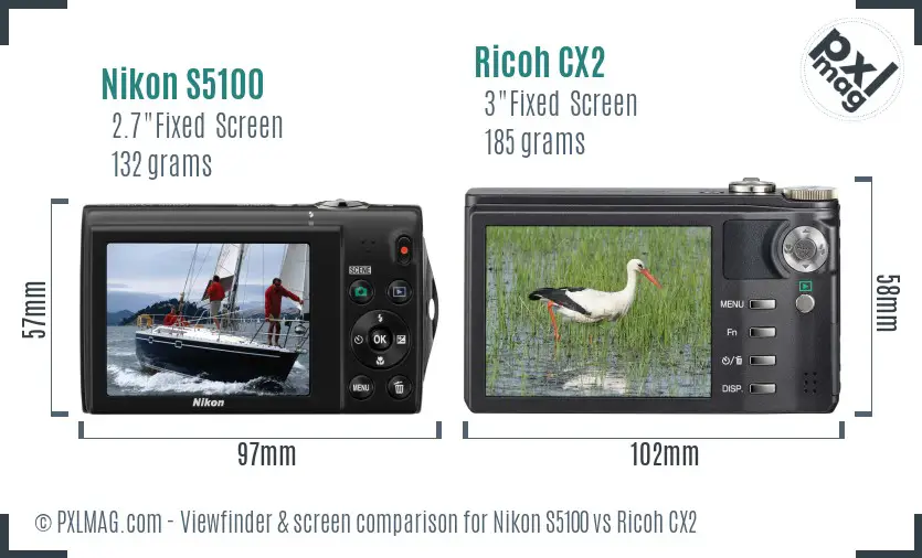 Nikon S5100 vs Ricoh CX2 Screen and Viewfinder comparison