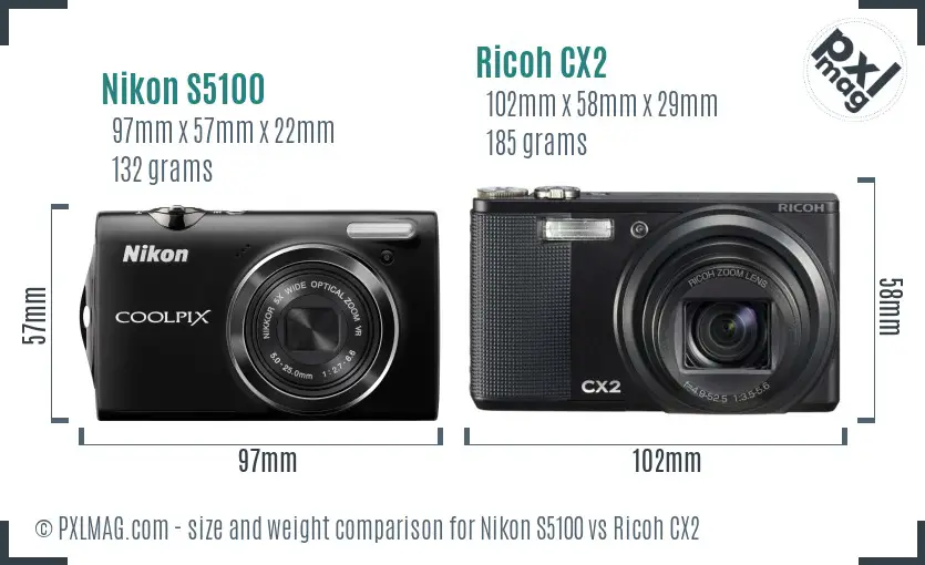 Nikon S5100 vs Ricoh CX2 size comparison