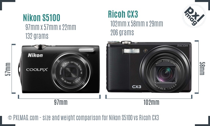 Nikon S5100 vs Ricoh CX3 size comparison