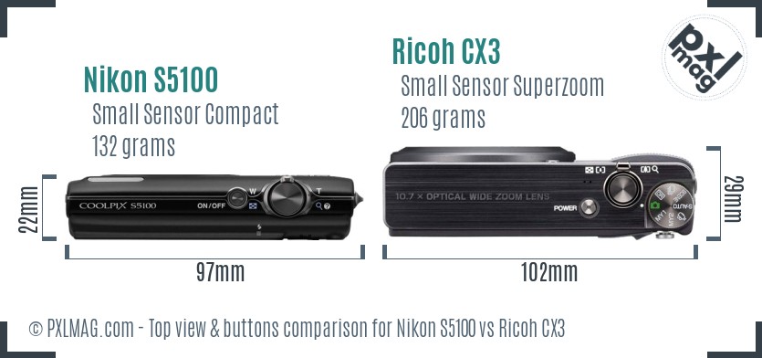 Nikon S5100 vs Ricoh CX3 top view buttons comparison