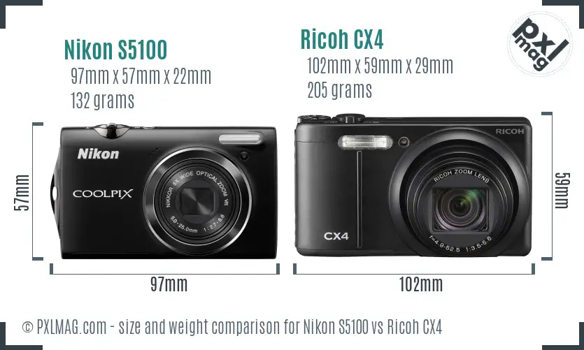 Nikon S5100 vs Ricoh CX4 size comparison