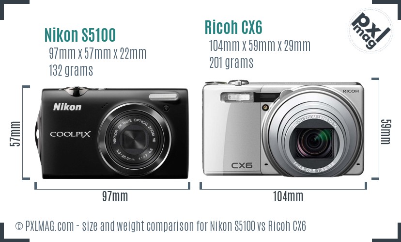 Nikon S5100 vs Ricoh CX6 size comparison Nikon S5100 vs Ricoh CX6 size comparison