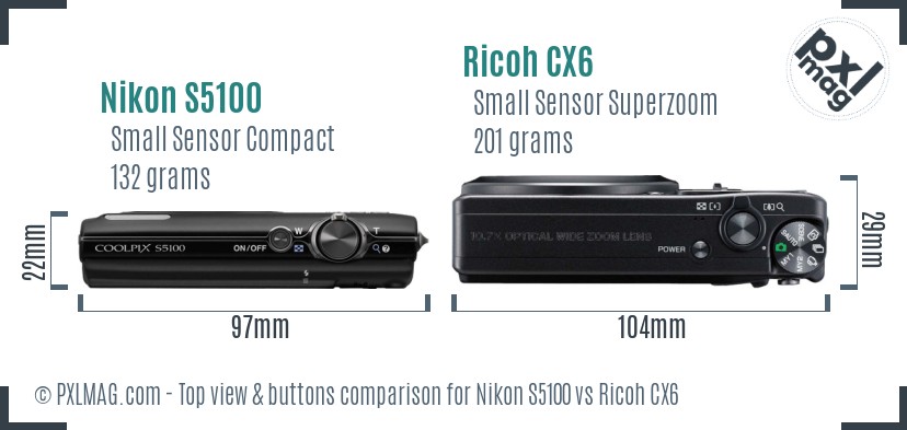 Nikon S5100 vs Ricoh CX6 top view buttons comparison