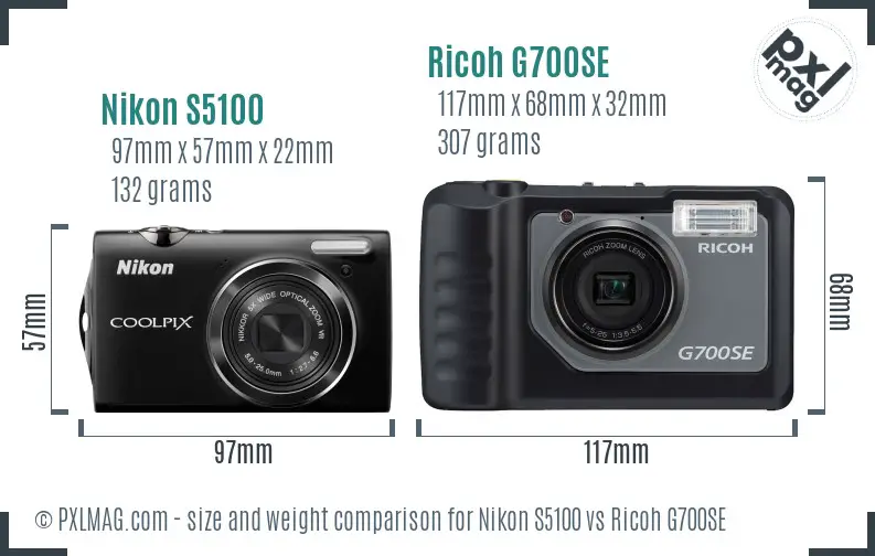 Nikon S5100 vs Ricoh G700SE size comparison