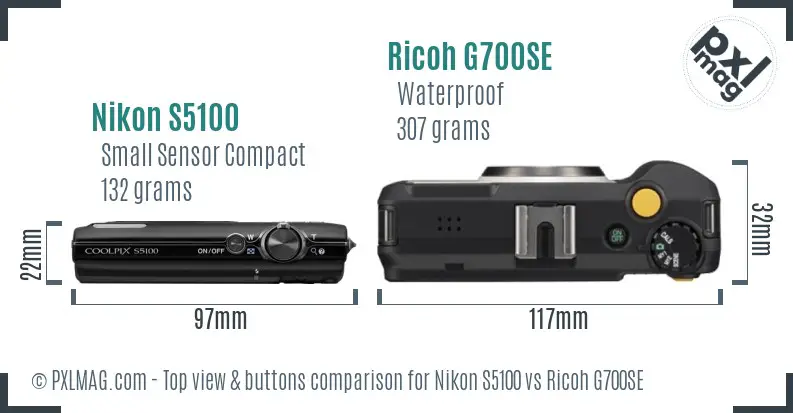 Nikon S5100 vs Ricoh G700SE top view buttons comparison