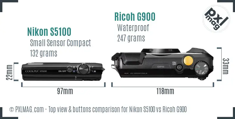 Nikon S5100 vs Ricoh G900 top view buttons comparison Nikon S5100 vs Ricoh G900 top view buttons comparison