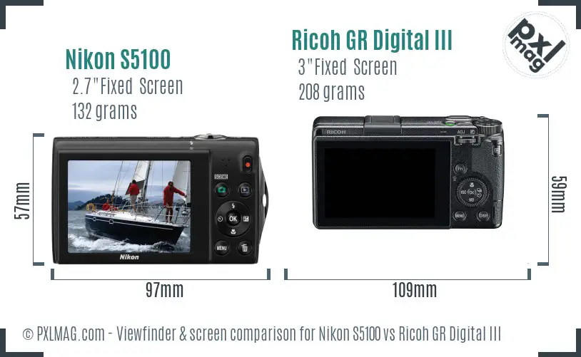 Nikon S5100 vs Ricoh GR Digital III Screen and Viewfinder comparison