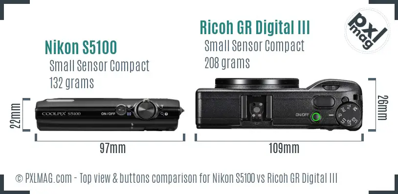 Nikon S5100 vs Ricoh GR Digital III top view buttons comparison