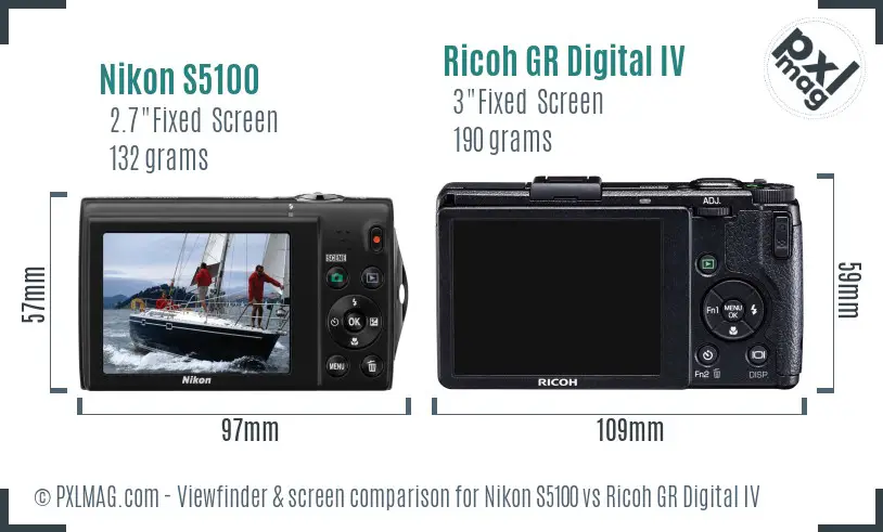 Nikon S5100 vs Ricoh GR Digital IV Screen and Viewfinder comparison