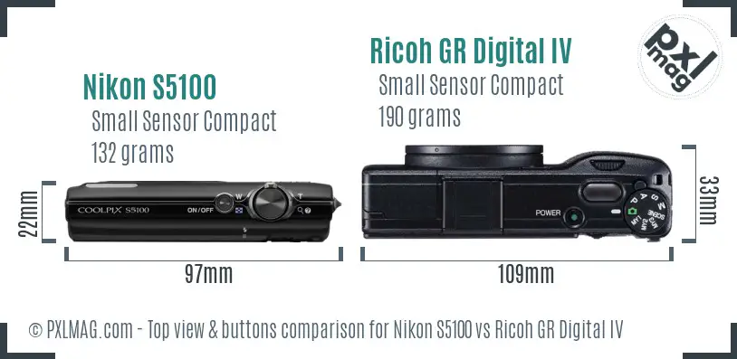 Nikon S5100 vs Ricoh GR Digital IV top view buttons comparison