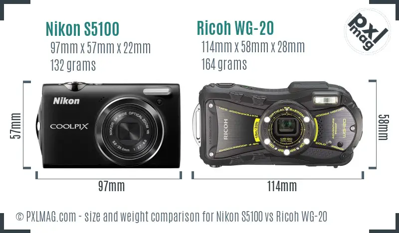 Nikon S5100 vs Ricoh WG-20 size comparison