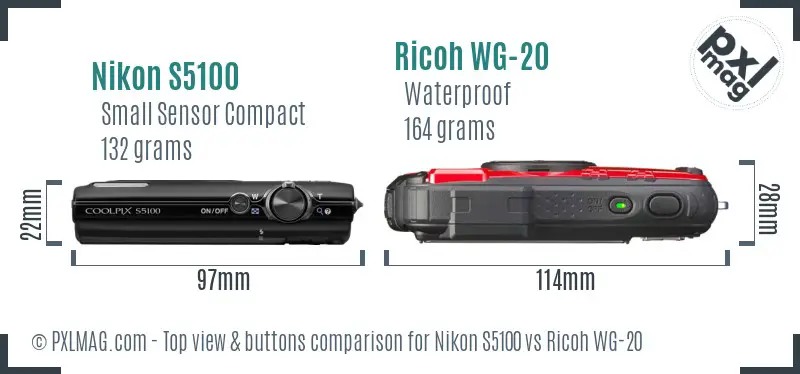 Nikon S5100 vs Ricoh WG-20 top view buttons comparison