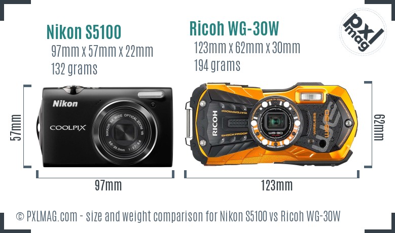 Nikon S5100 vs Ricoh WG-30W size comparison