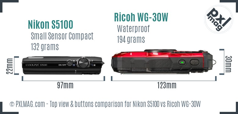 Nikon S5100 vs Ricoh WG-30W top view buttons comparison