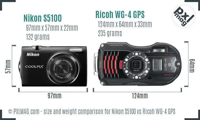 Nikon S5100 vs Ricoh WG-4 GPS size comparison Nikon S5100 vs Ricoh WG-4 GPS size comparison