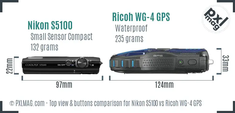 Nikon S5100 vs Ricoh WG-4 GPS top view buttons comparison Nikon S5100 vs Ricoh WG-4 GPS top view buttons comparison