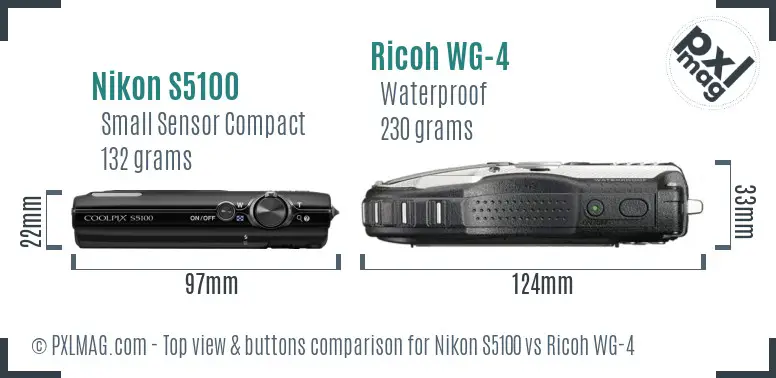 Nikon S5100 vs Ricoh WG-4 top view buttons comparison